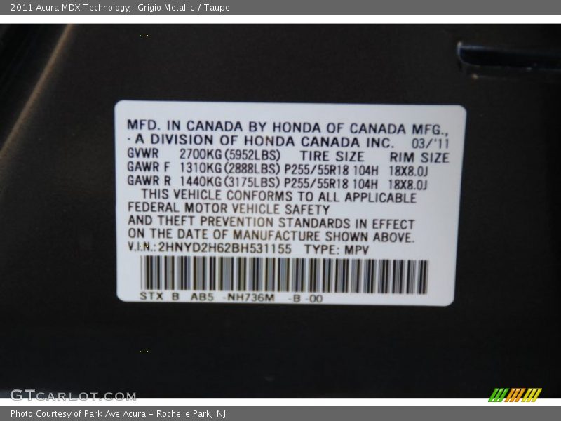 Grigio Metallic / Taupe 2011 Acura MDX Technology