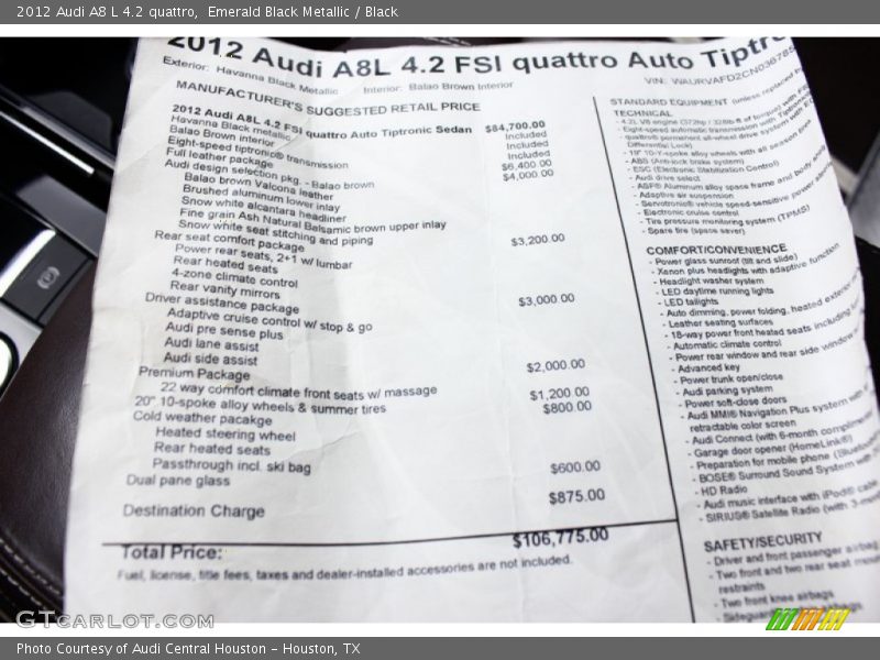 Emerald Black Metallic / Black 2012 Audi A8 L 4.2 quattro