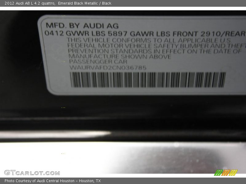 Emerald Black Metallic / Black 2012 Audi A8 L 4.2 quattro
