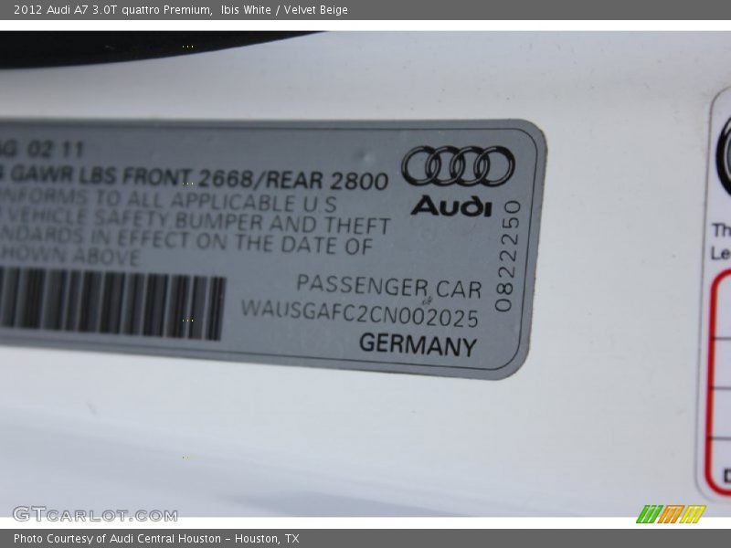 Ibis White / Velvet Beige 2012 Audi A7 3.0T quattro Premium