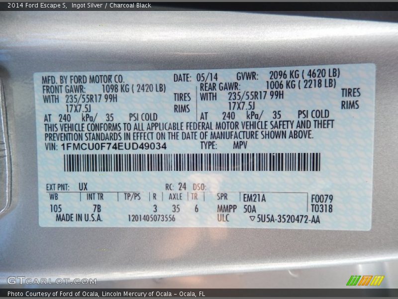 Ingot Silver / Charcoal Black 2014 Ford Escape S