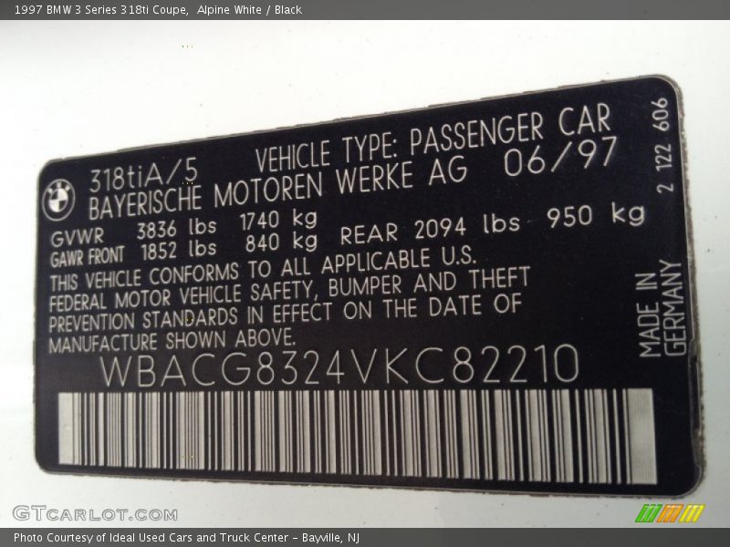 Info Tag of 1997 3 Series 318ti Coupe