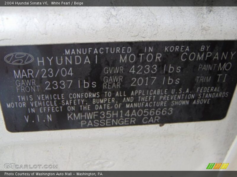 White Pearl / Beige 2004 Hyundai Sonata V6