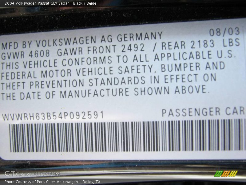 Black / Beige 2004 Volkswagen Passat GLX Sedan