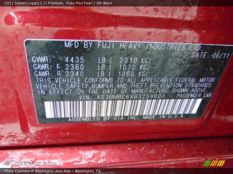 Ruby Red Pearl / Off-Black 2011 Subaru Legacy 2.5i Premium