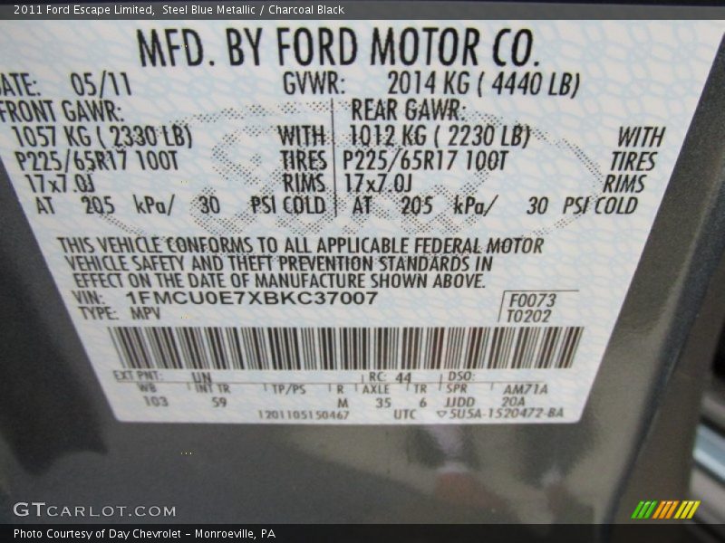 Steel Blue Metallic / Charcoal Black 2011 Ford Escape Limited