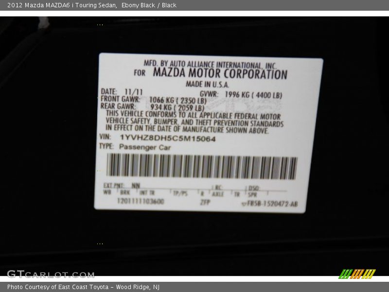 Ebony Black / Black 2012 Mazda MAZDA6 i Touring Sedan