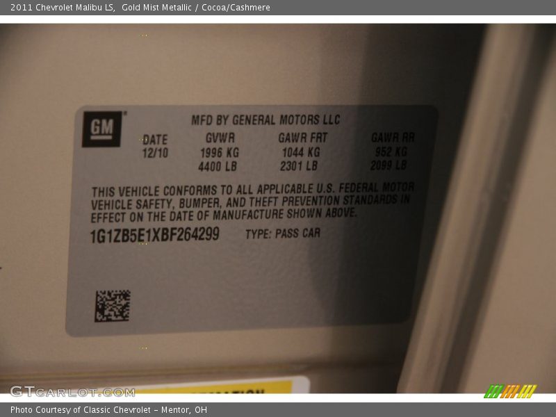 Gold Mist Metallic / Cocoa/Cashmere 2011 Chevrolet Malibu LS