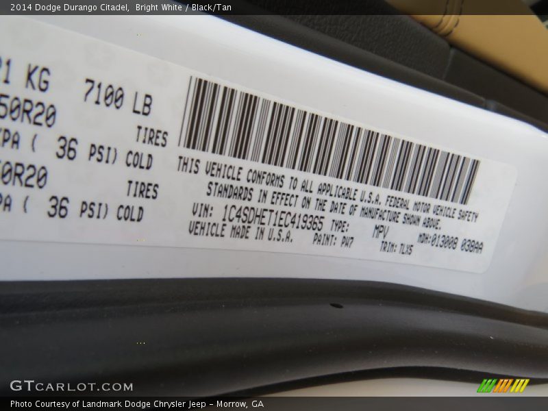 Bright White / Black/Tan 2014 Dodge Durango Citadel