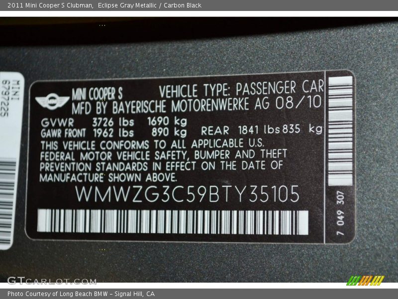 Eclipse Gray Metallic / Carbon Black 2011 Mini Cooper S Clubman