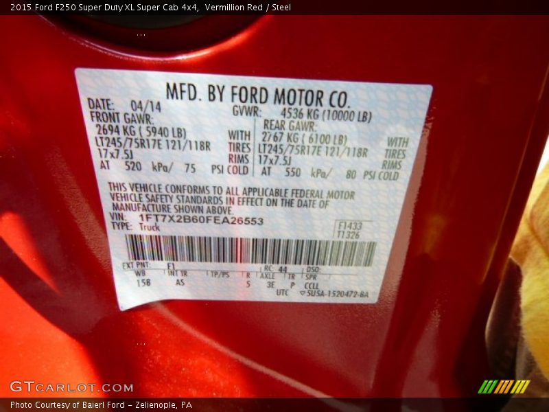 Vermillion Red / Steel 2015 Ford F250 Super Duty XL Super Cab 4x4