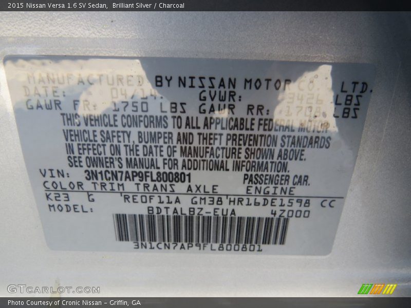 2015 Versa 1.6 SV Sedan Brilliant Silver Color Code K23