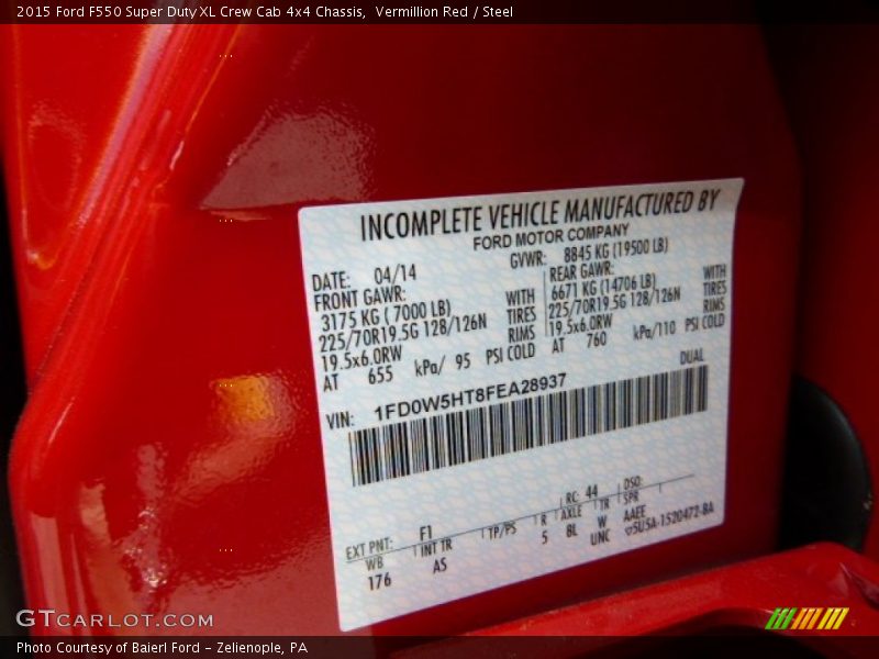 2015 F550 Super Duty XL Crew Cab 4x4 Chassis Vermillion Red Color Code F1
