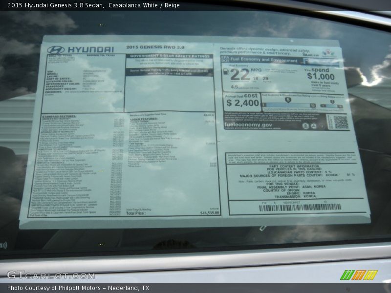  2015 Genesis 3.8 Sedan Window Sticker