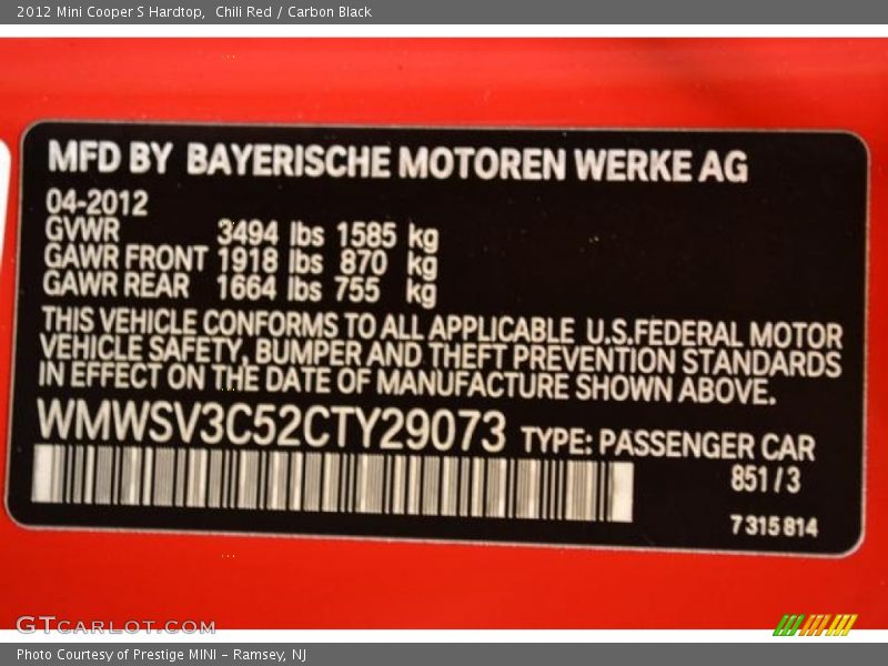 Chili Red / Carbon Black 2012 Mini Cooper S Hardtop