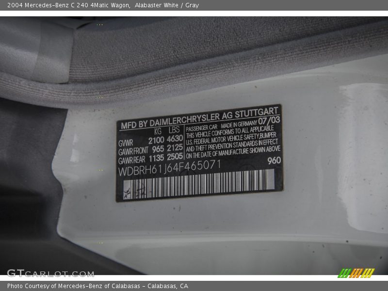 2004 C 240 4Matic Wagon Alabaster White Color Code 960