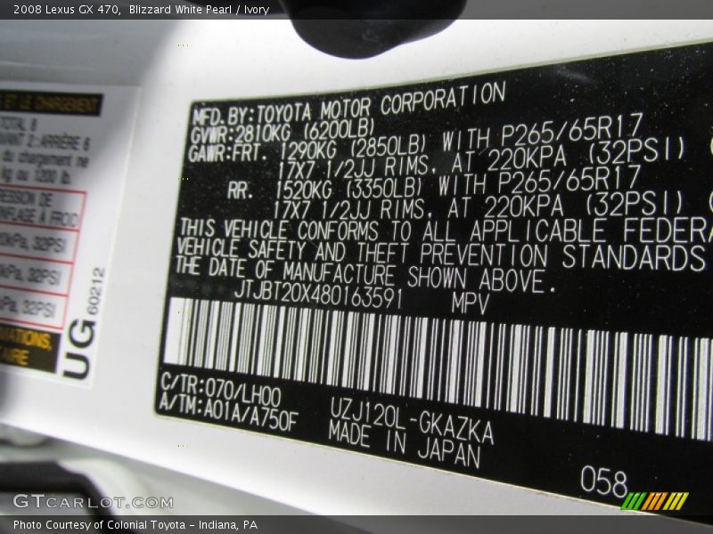 Blizzard White Pearl / Ivory 2008 Lexus GX 470