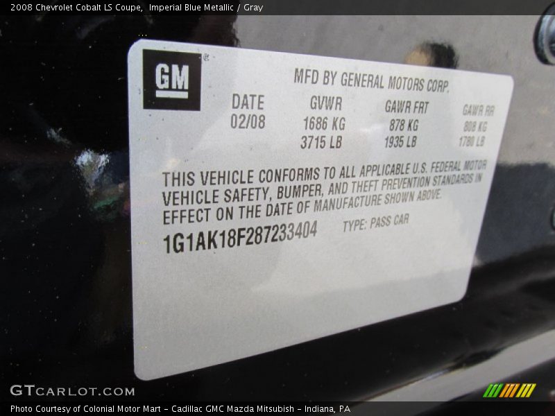 Imperial Blue Metallic / Gray 2008 Chevrolet Cobalt LS Coupe