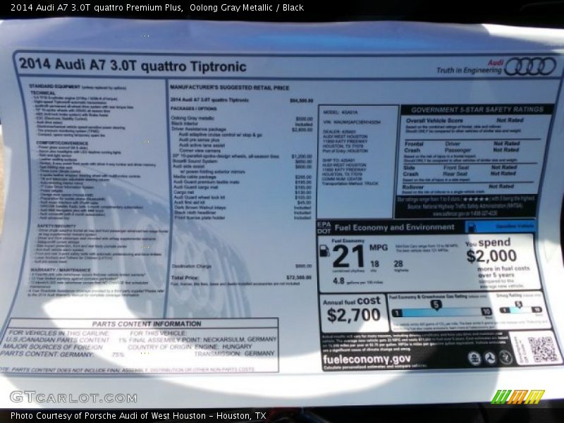  2014 A7 3.0T quattro Premium Plus Window Sticker