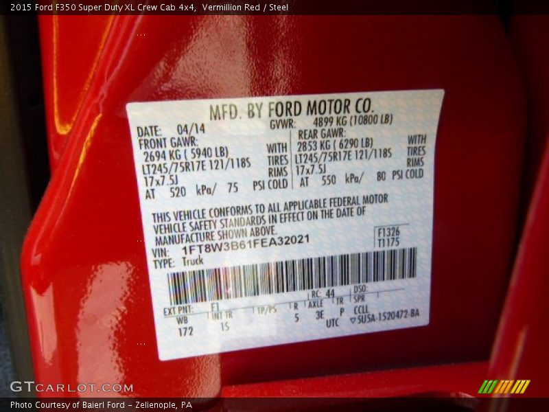Vermillion Red / Steel 2015 Ford F350 Super Duty XL Crew Cab 4x4