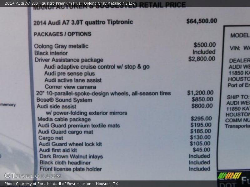  2014 A7 3.0T quattro Premium Plus Window Sticker