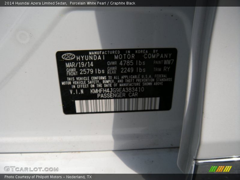 Porcelain White Pearl / Graphite Black 2014 Hyundai Azera Limited Sedan