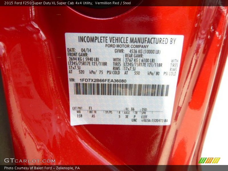 Vermillion Red / Steel 2015 Ford F250 Super Duty XL Super Cab 4x4 Utility