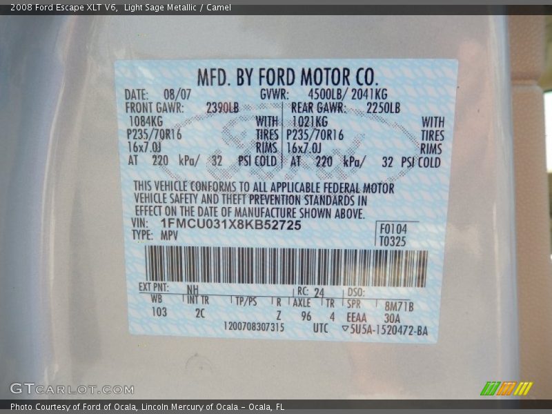 Light Sage Metallic / Camel 2008 Ford Escape XLT V6
