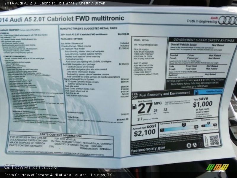  2014 A5 2.0T Cabriolet Window Sticker