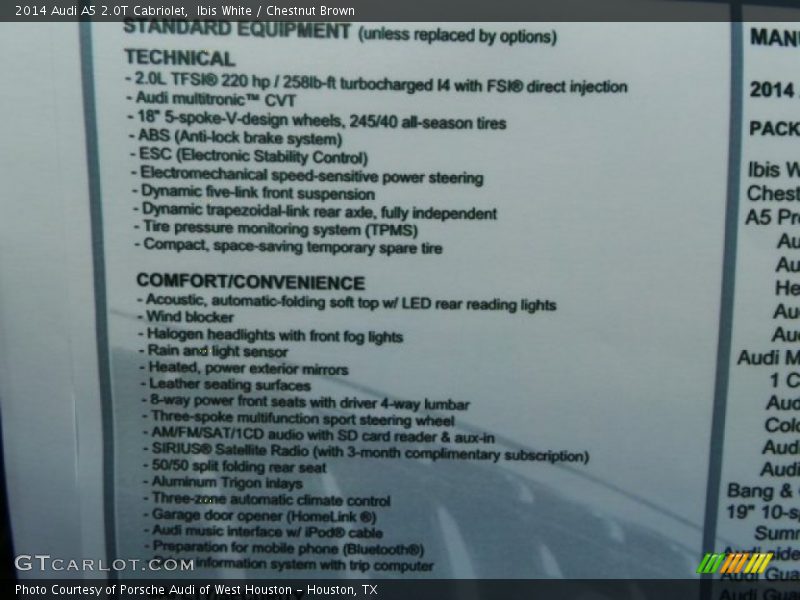  2014 A5 2.0T Cabriolet Window Sticker