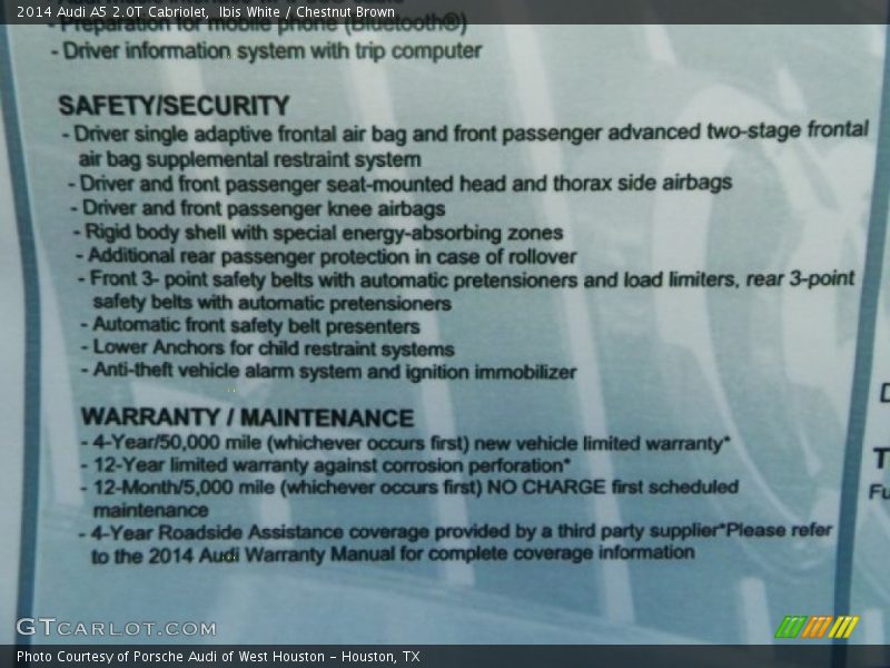  2014 A5 2.0T Cabriolet Window Sticker