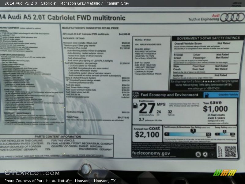  2014 A5 2.0T Cabriolet Window Sticker