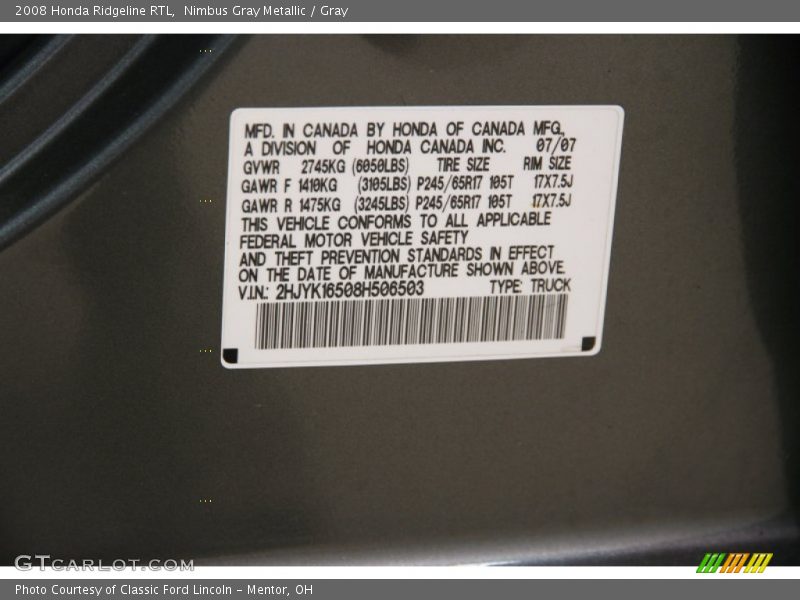 Nimbus Gray Metallic / Gray 2008 Honda Ridgeline RTL