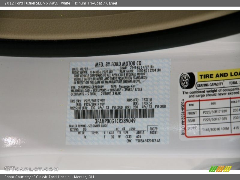 White Platinum Tri-Coat / Camel 2012 Ford Fusion SEL V6 AWD