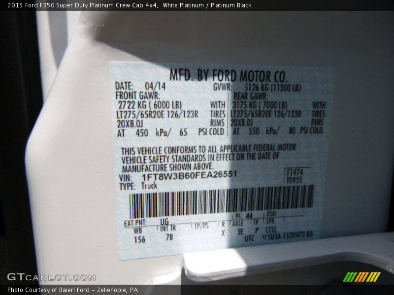 2015 F350 Super Duty Platinum Crew Cab 4x4 White Platinum Color Code UG
