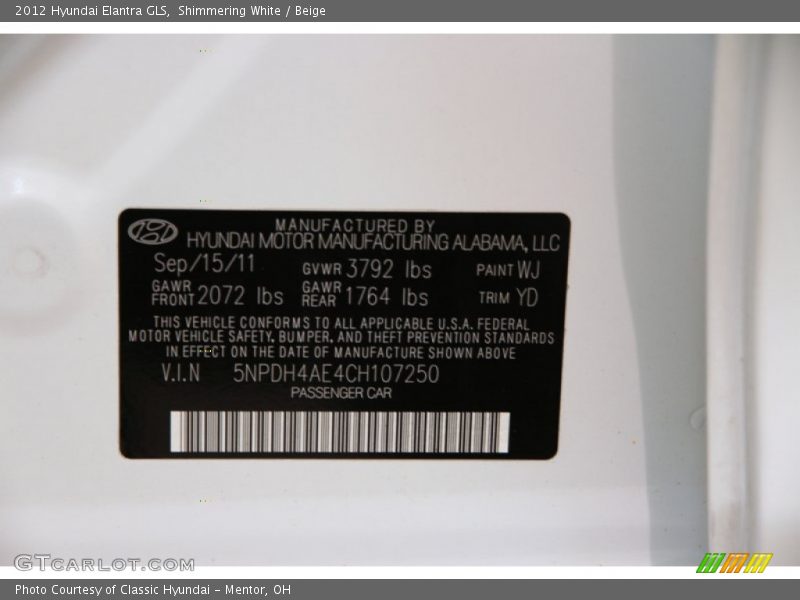 Shimmering White / Beige 2012 Hyundai Elantra GLS
