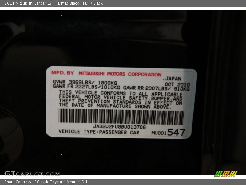 Tarmac Black Pearl / Black 2011 Mitsubishi Lancer ES