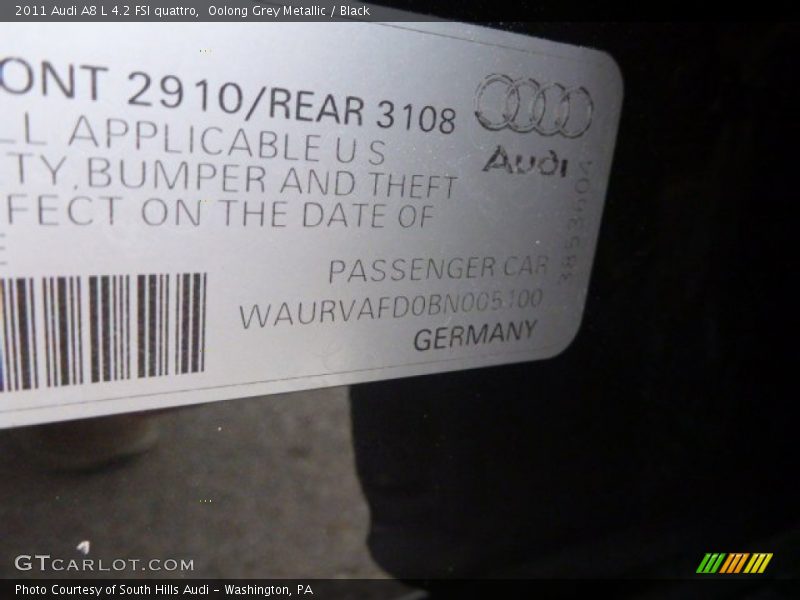 Oolong Grey Metallic / Black 2011 Audi A8 L 4.2 FSI quattro