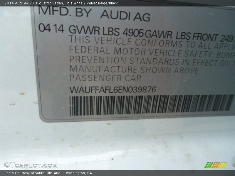 Ibis White / Velvet Beige/Black 2014 Audi A4 2.0T quattro Sedan