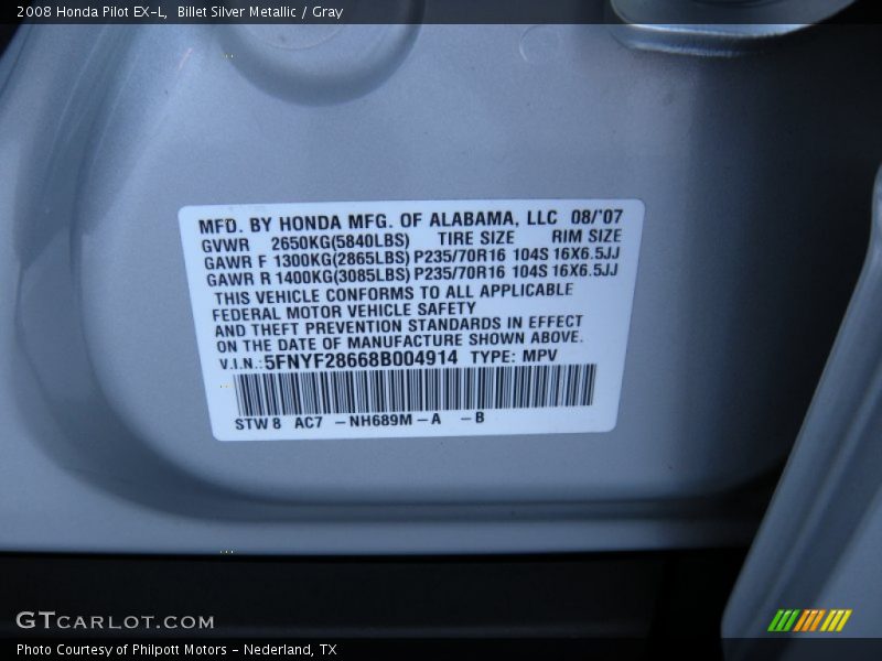 Billet Silver Metallic / Gray 2008 Honda Pilot EX-L