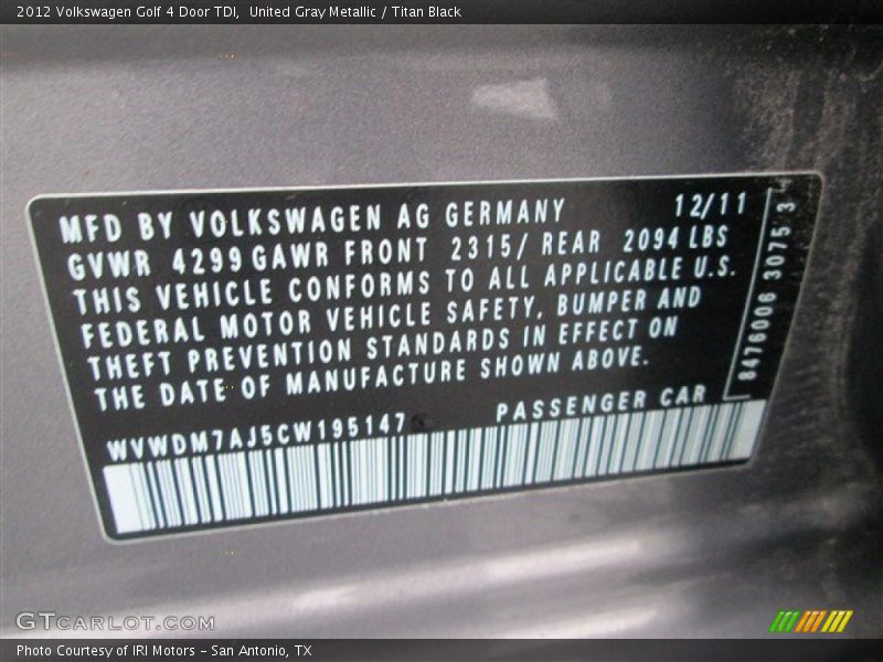 United Gray Metallic / Titan Black 2012 Volkswagen Golf 4 Door TDI
