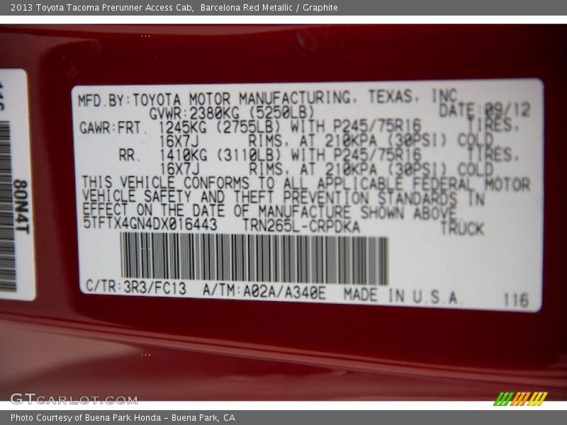 Barcelona Red Metallic / Graphite 2013 Toyota Tacoma Prerunner Access Cab