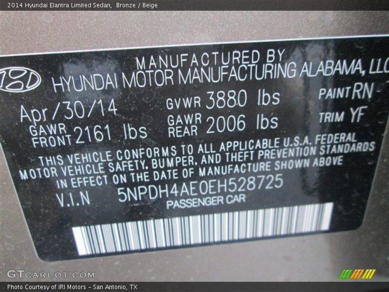 Bronze / Beige 2014 Hyundai Elantra Limited Sedan