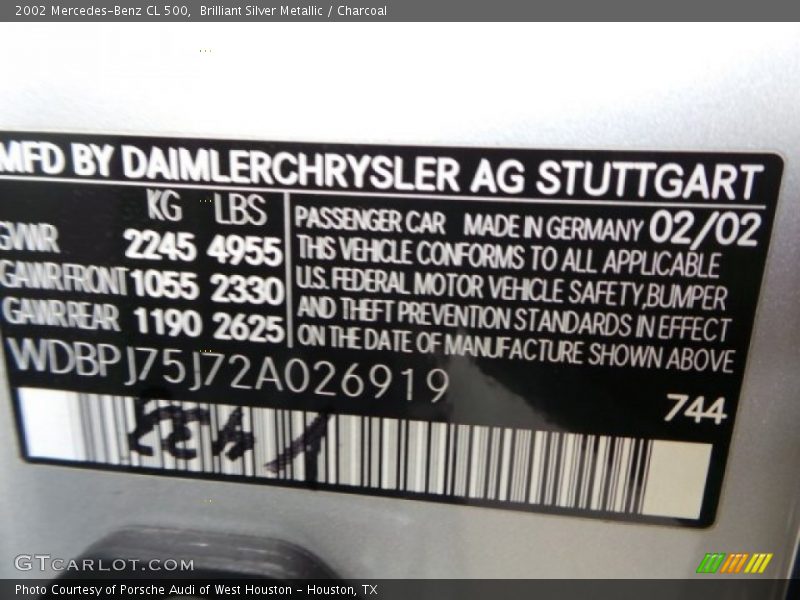 Brilliant Silver Metallic / Charcoal 2002 Mercedes-Benz CL 500