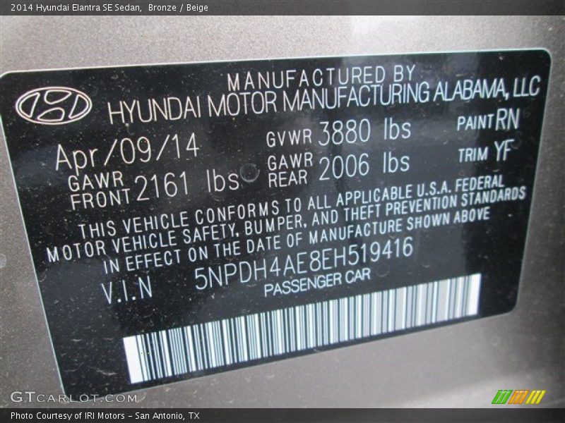 Bronze / Beige 2014 Hyundai Elantra SE Sedan