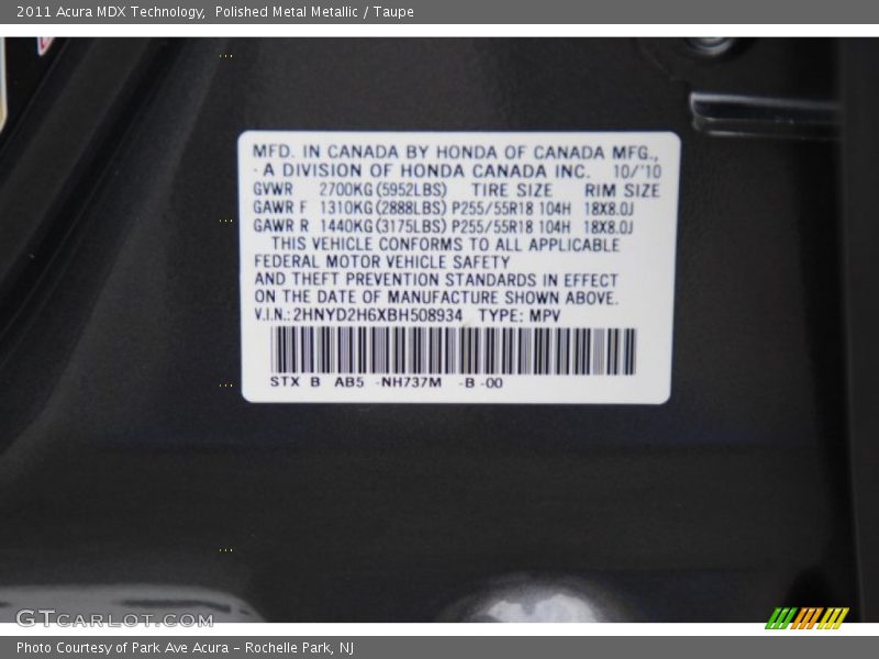 Polished Metal Metallic / Taupe 2011 Acura MDX Technology
