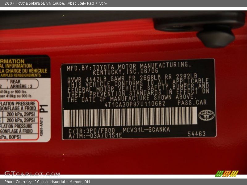 2007 Solara SE V6 Coupe Absolutely Red Color Code 3P0