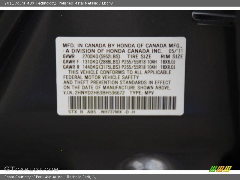 Polished Metal Metallic / Ebony 2011 Acura MDX Technology