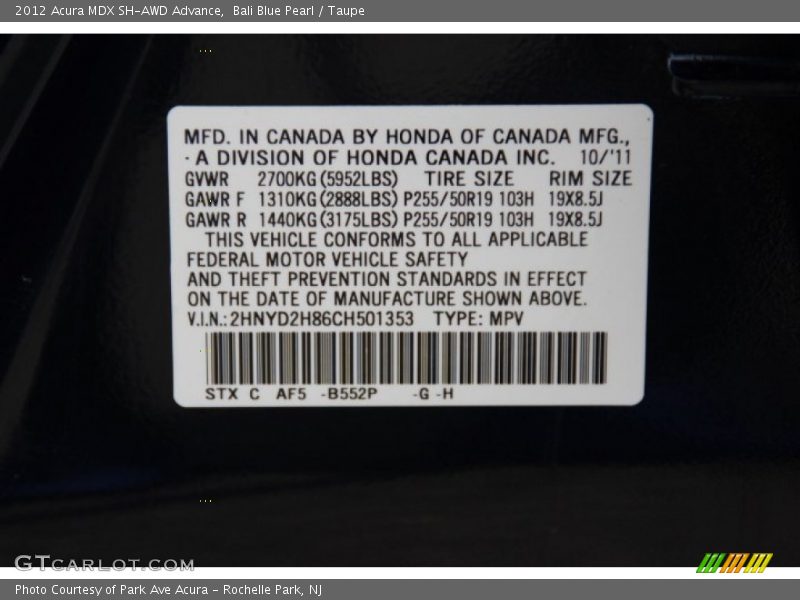 2012 MDX SH-AWD Advance Bali Blue Pearl Color Code B552P