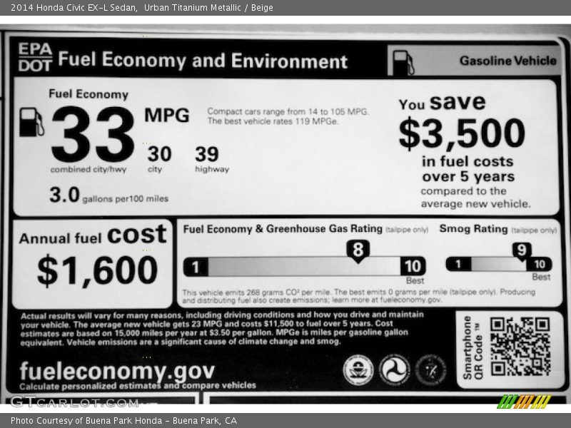 Urban Titanium Metallic / Beige 2014 Honda Civic EX-L Sedan